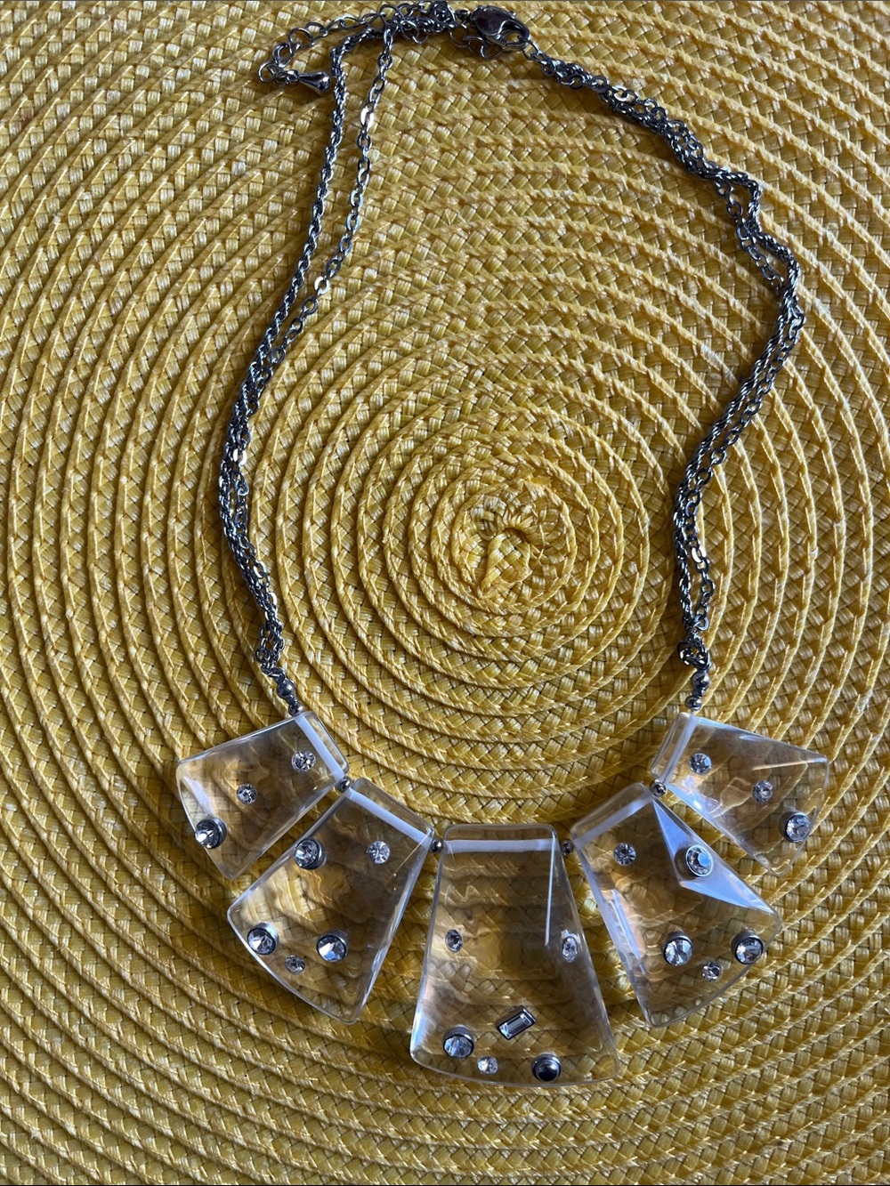 Statement Clear Acrylic Pendant Necklace with Rhinestones - Silver Chain